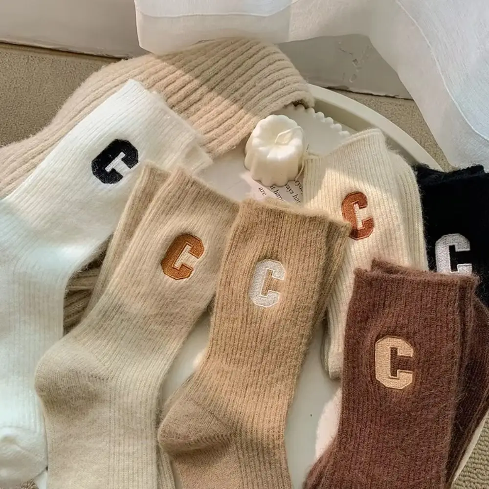 Luxury Polyester Wool Women Wool Socks Keep Warm Knitted Mid-Tube Socks Solid Color Long Cashmere Sock Autumn Winter