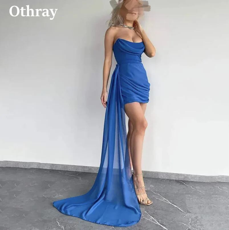 Othray 2025 Short Prom Dresses Ruched Strapless Long Side Train Mini Skirt Homecoming Party Gowns Graduation Wear Sky Blue White