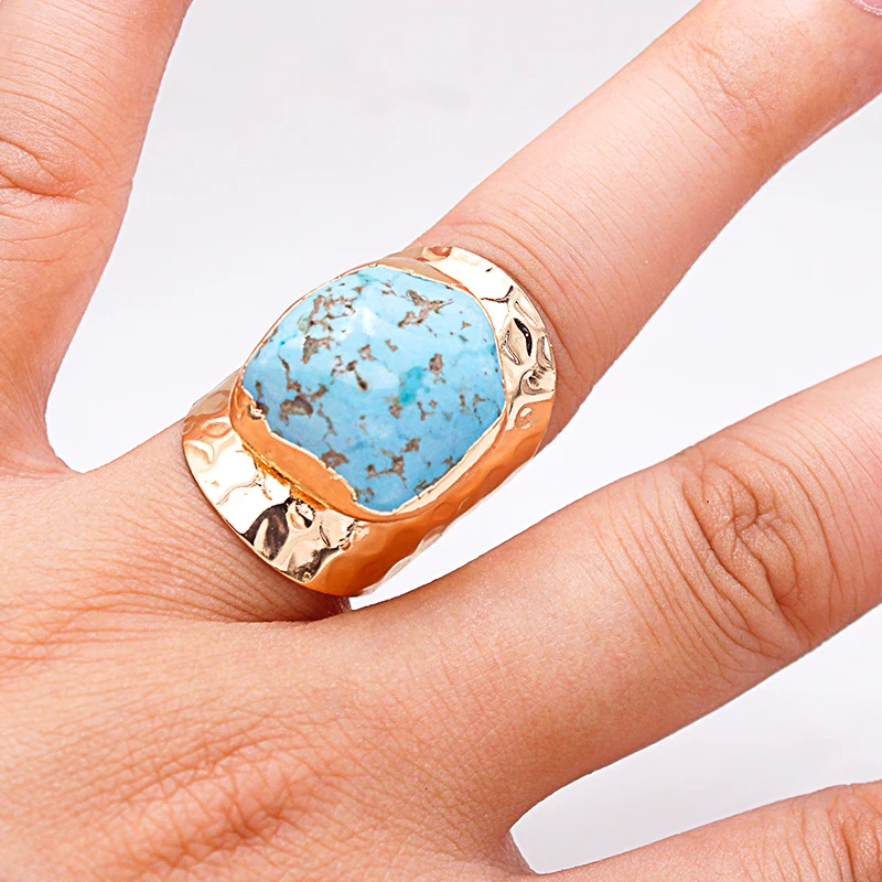 Irregular Turquoise Open Ring for Women Girls Boho Golden Handmade Rough Genuine Stone Finger Jewelry