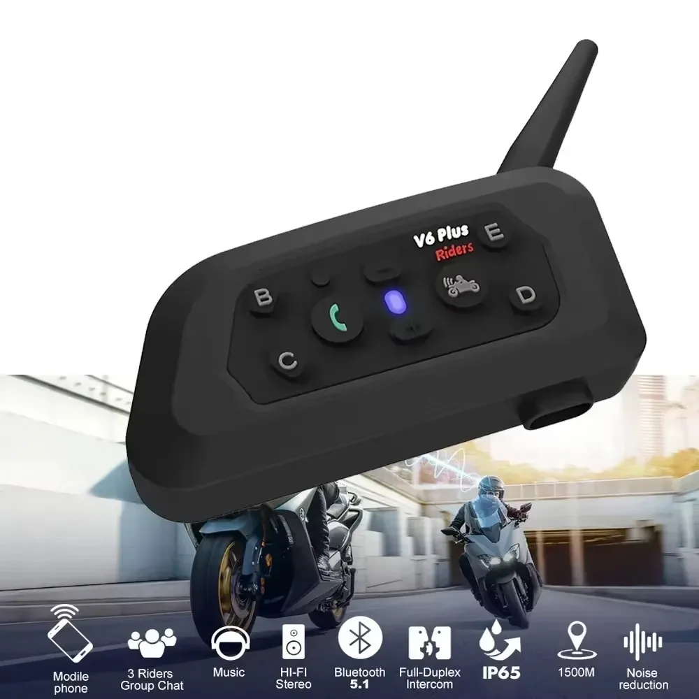 V6 PLUS Motorcycle Helmet Bluetooth Intercom Headset 1-to-5 Full Dual Function Intercom Headset 1200 Meter Real-time Intercom