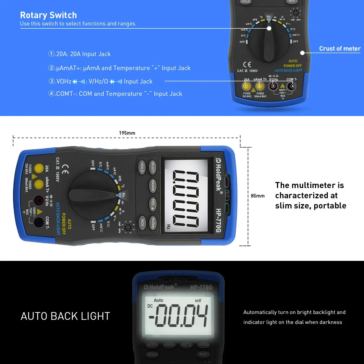 Digital Multimeter HOLDPEAK 770G Auto-Ranging DMM Electrical Meter Tester 4000 Counts for AC/DC Amp, AC/DC Voltage NCV Diode HFE