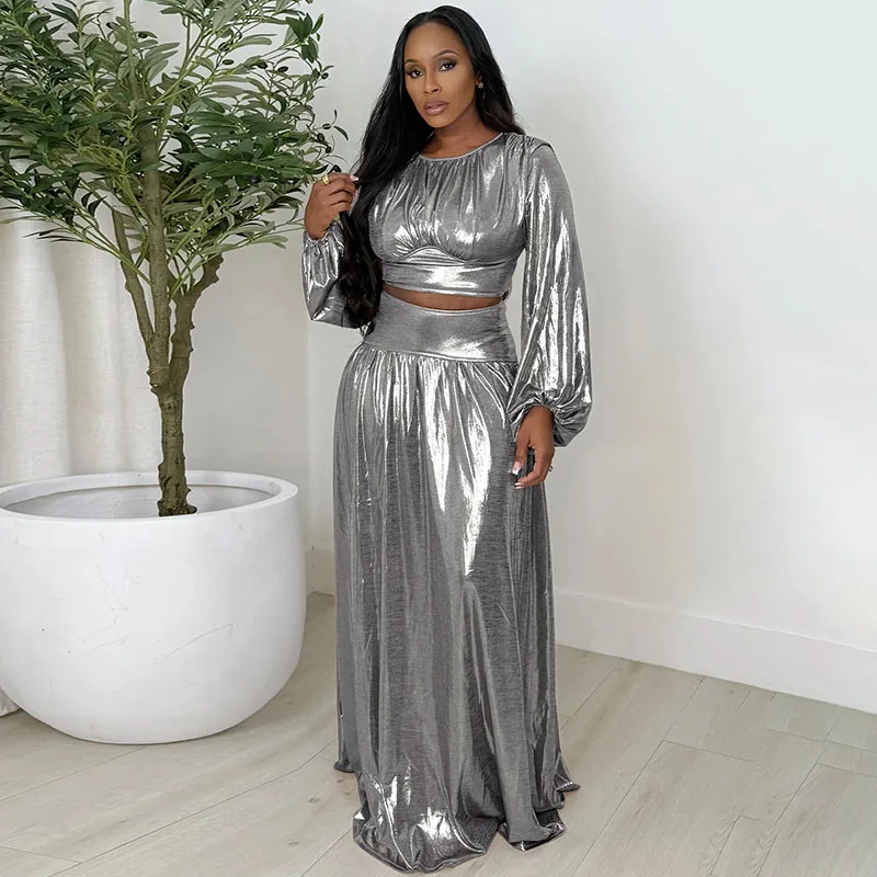 도이어글로시 메탈릭 파티 생일 드레스 여성 의류 투피스 세트 클럽 긴팔 크롭탑과 롱 스커트 매칭 세트