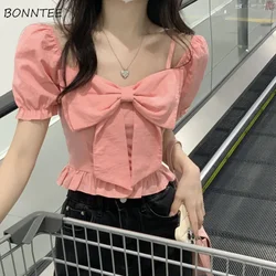 Blouses Women Solid Folds Simple Sweet All-match Daily Creativity Korean Style Popular Casual Charming Special Cozy Basics New