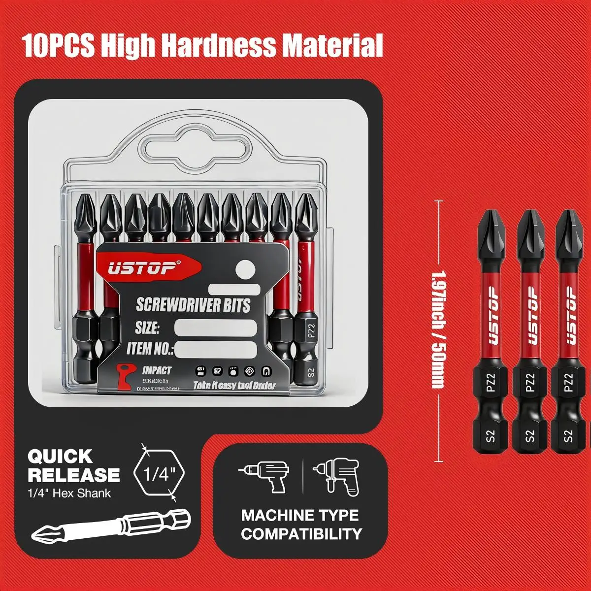 10-Piece Set of 50mm S2 Steel Impact Bits, Transparent Blister Card Packaging, Red and Black Non-Slip Handle with Magnetic Tip, 1/4 Hex Shank, Pz2 Phillips Bits, Suitable for Impact Drivers / Electric Drills / Furniture Assembly