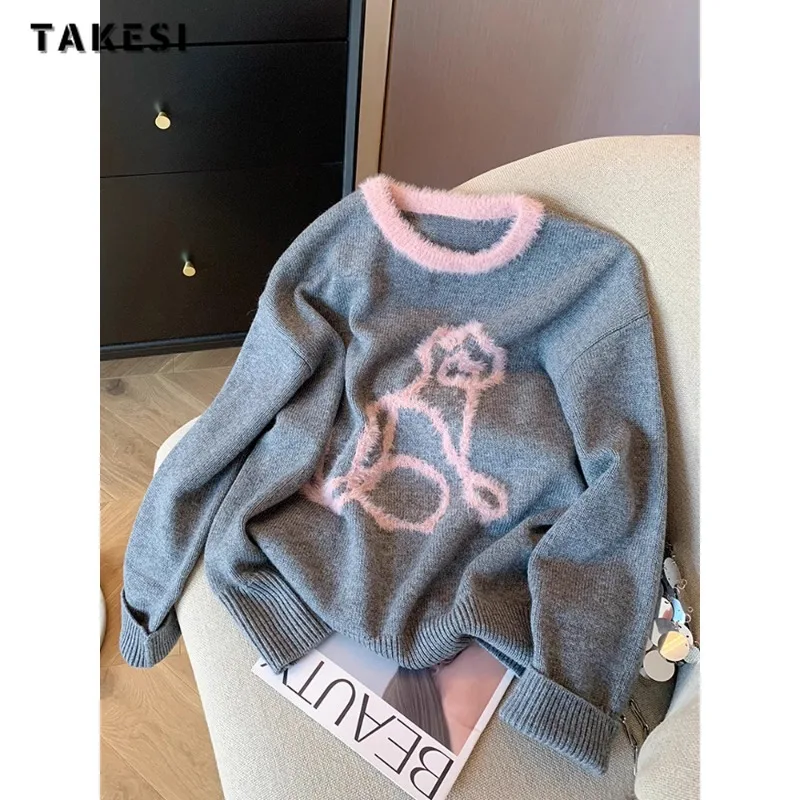 

Sweet Knitting Long Sleeve Casual Y2K Ladies Pullovers 2023 Winter Korean Fashion Women Jumpers Printting Round Neck Sweater