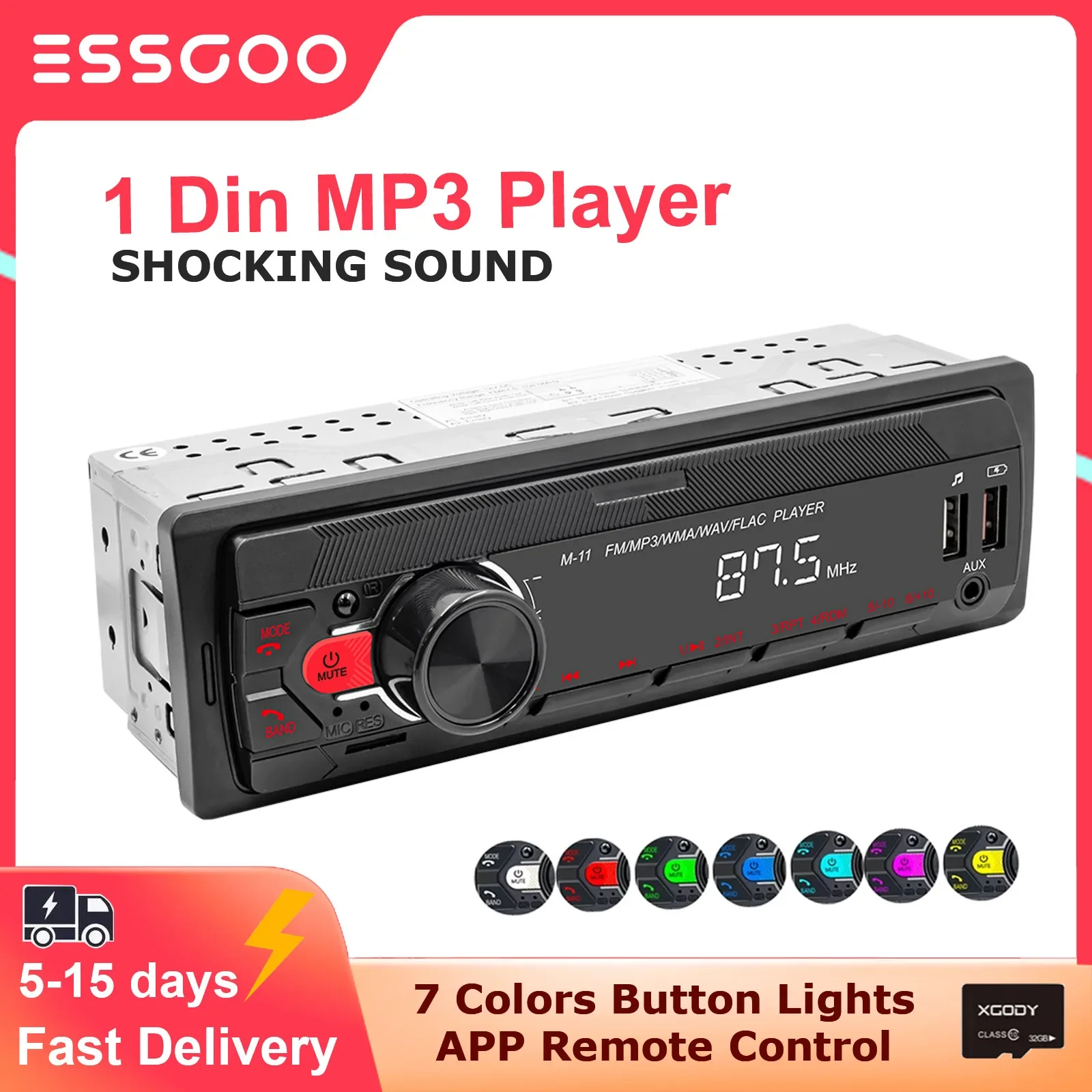 ESSGOO-Universal Multimedia Player for Car, 1 Din MP3 Car Radio, Audio Stereo, Bluetooth, Automotive, Colorful Buttons, 1 Din