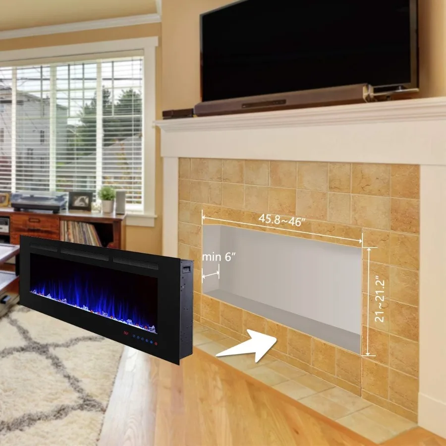 Camino elettrico da incasso da 50 pollici per soggiorno con controllo touch screen Funzionamento remoto Logset di protezione da surriscaldamento