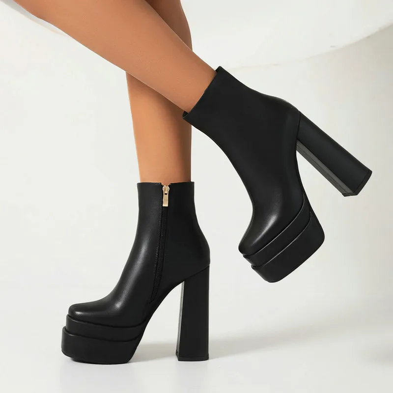 Platform Chunky Super High Heel Ankle Boots Women 2022 Autumn Winter New Retro Square Toe Thick Bottom Slimming Boots