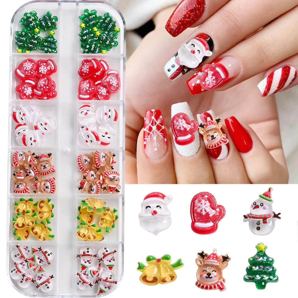 60 Stuks Gemengde Kerst Hars Nail Charm Kawaii Kerstbomen Sneeuwpop Elanden Kerstman Steentjes DIY 3D Ambachten Nail Art decoratie