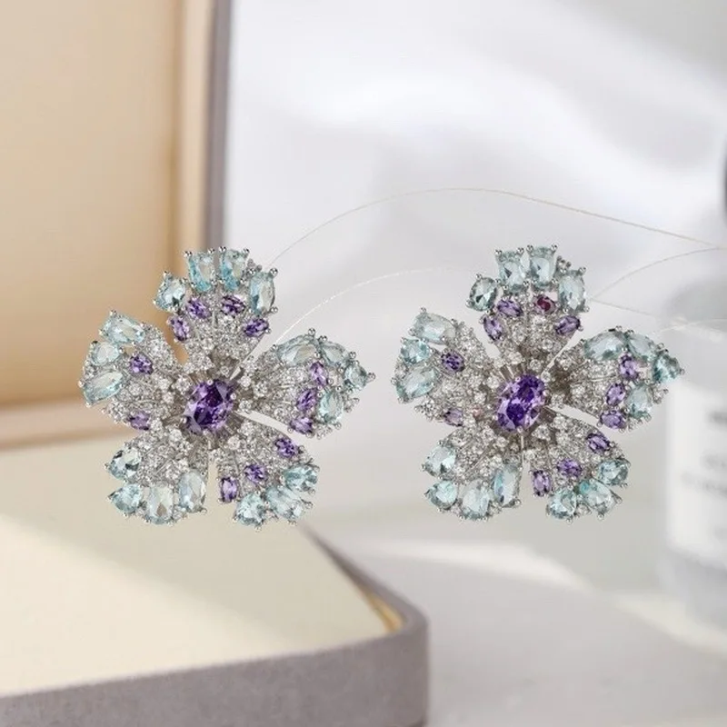 Sparkling Flower Shape Cubic Zirconia Stud Earrings Shiny Multicolor Zircon Floral Earrings Elegant Women Daily Ear Jewelry