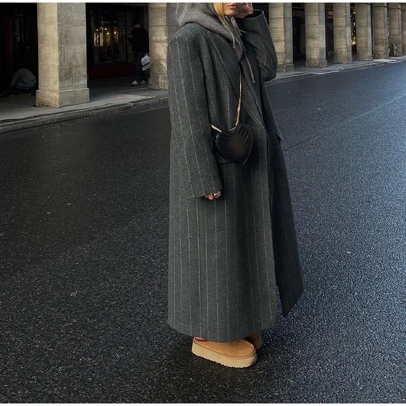 الرجعية مخطط التلبيب معطف طويل الصوف المرأة عادية فضفاض رمادي غامق معاطف كبيرة الحجم الإناث الشتاء أنيقة شيك أبلى