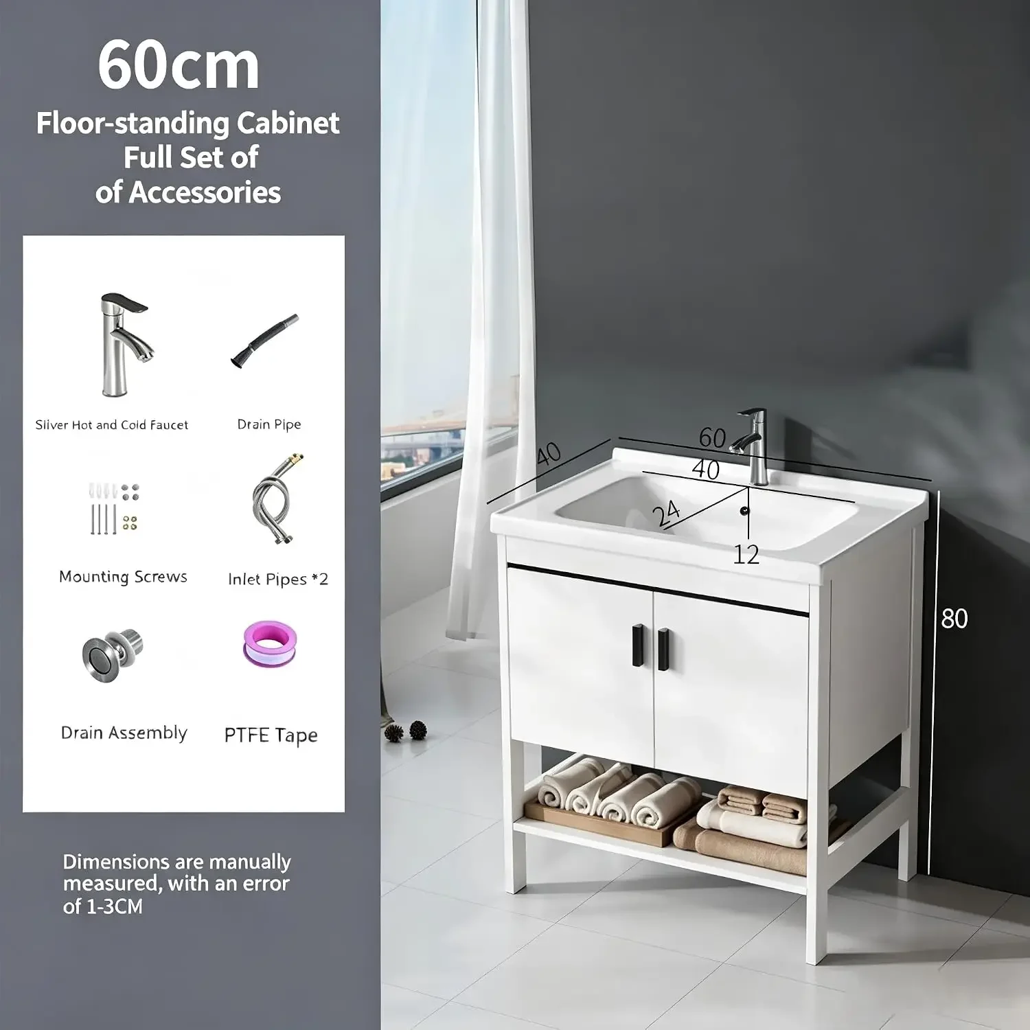 24IN Freestanding Bathroom Vanity with Integrated Ceramic Basin, Modern Freestanding Bathroom Vanity for Small Spaces, Bathroom