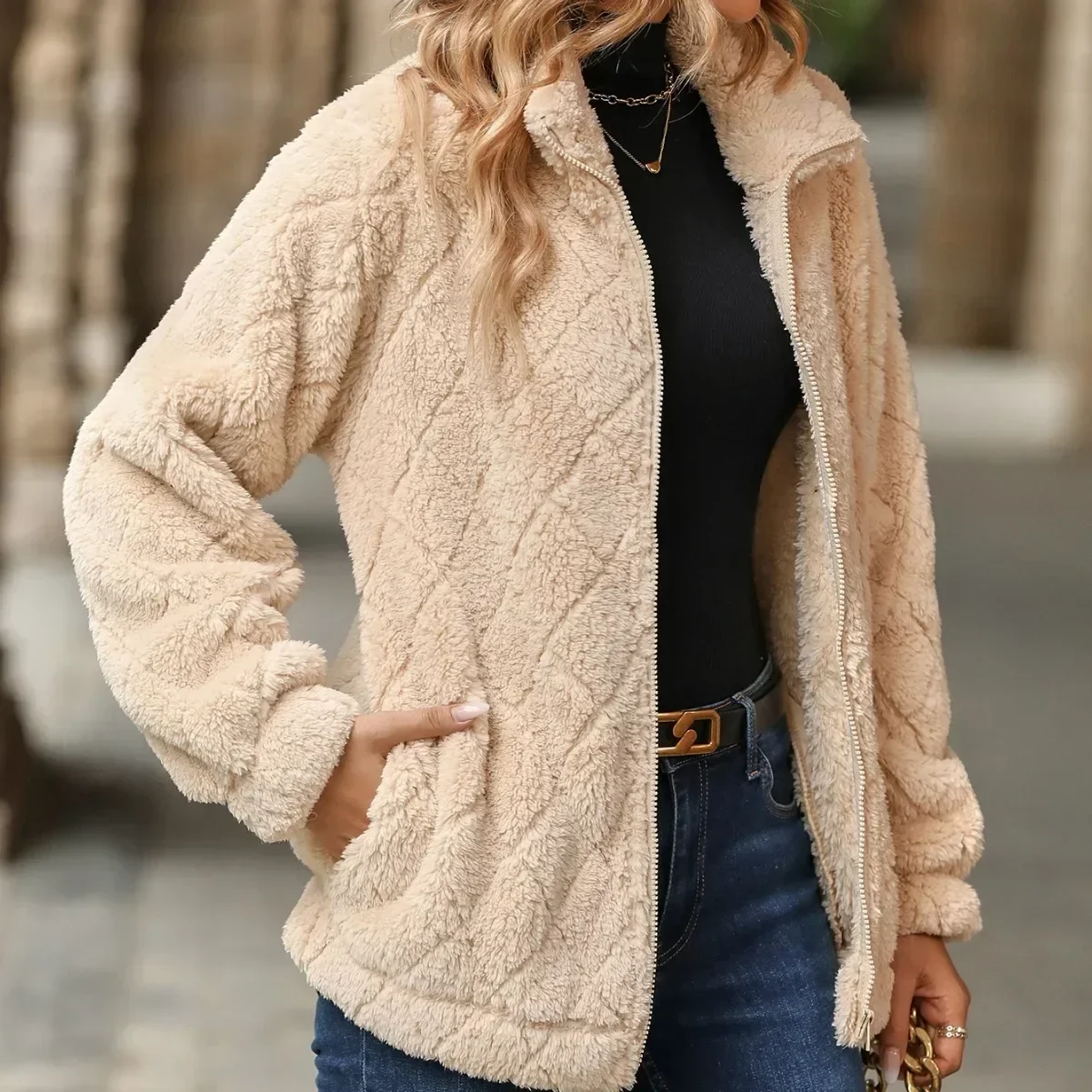 Chaquetas de Invierno para mujer, cárdigan de manga larga con cuello vuelto, abrigo de felpa a cuadros con cremallera, chaqueta de lana, Tops