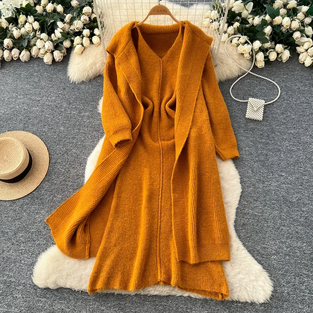 أنيقة فاخرة قطعتين المرأة سليم متماسكة منتصف طول مجموعة فستان بكتافة فضفاضة طويلة الأكمام قسط خمر البدلة مودا سترة