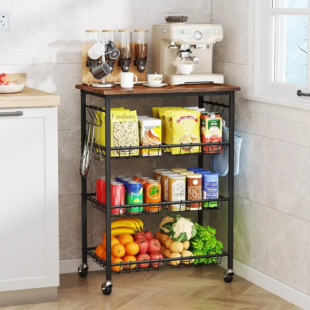 

24.4''x15.7'' Rolling Microwave Cart - 4 Tier Microwave Table Stand with 6 Storage Baskets, Coee Bar with Wheels, Kitchen Utilit
