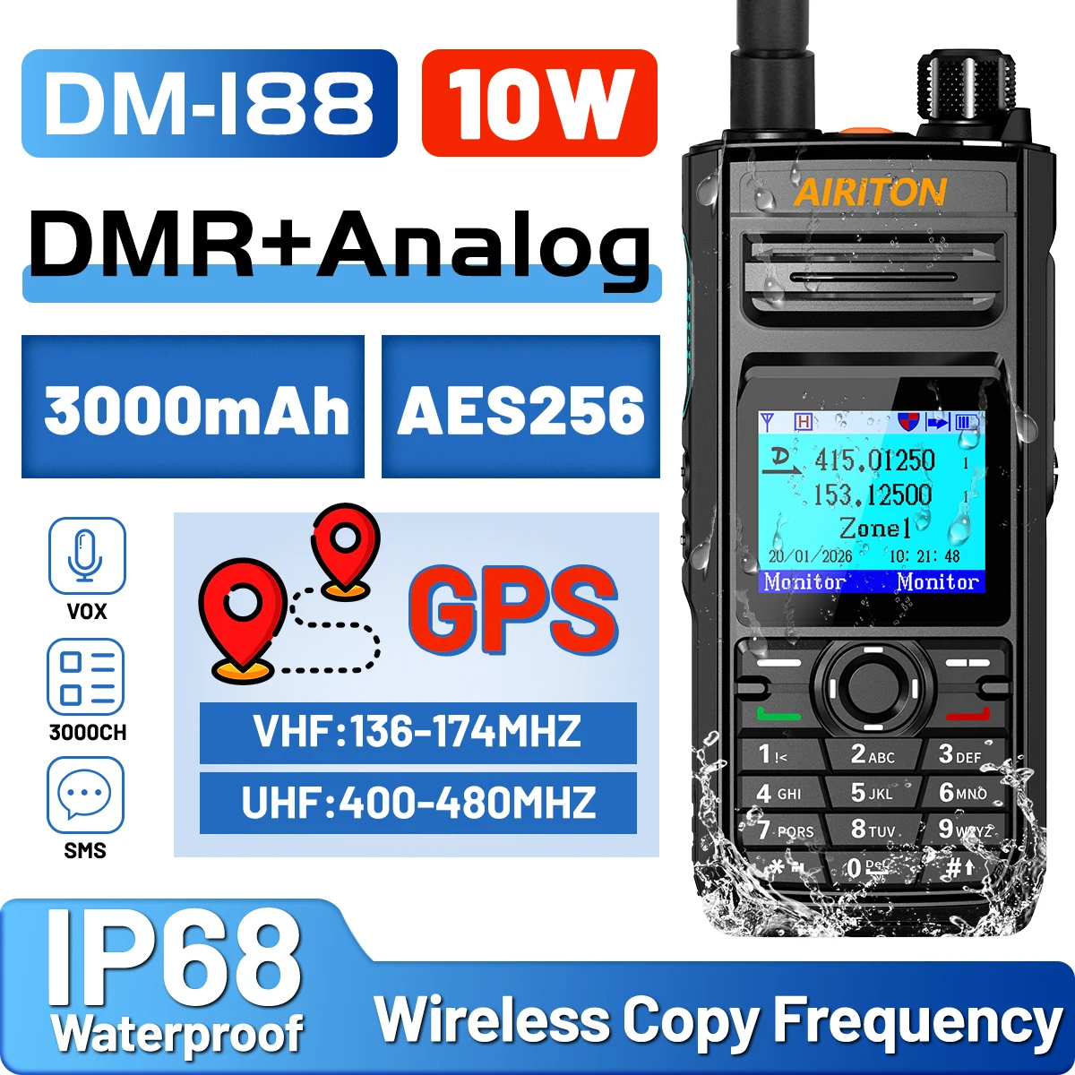 

AIRITON DM-188 Walkie Talkie Digital & Analog DMR IP68 Waterproof GPS 10W Dual Band AES256 Encryption Amateur Handheld Radio