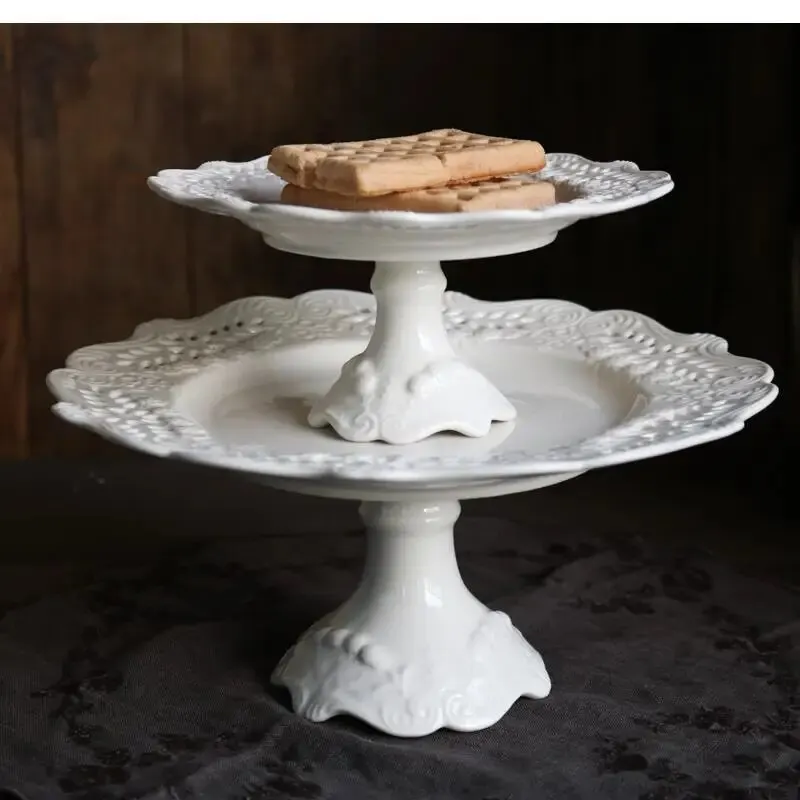 

White Ceramic Dinner Plate Retro Hollow Display Tall Cake Dessert Craft Carving Home Living Room Decoration Tray