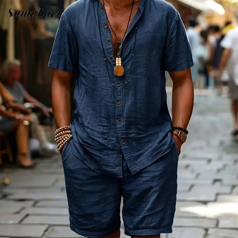 Outdoor Casual Mens Solid Color Two Piece Suits 2026 Summer Vintage Loose Short Sleeve Shirt And Shorts Sets Men Fashion Outfits