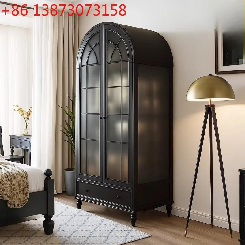 American classical black pure solid wood two-door arched wardrobe 1 meter wide household bedroom large capacity wardrobe storage