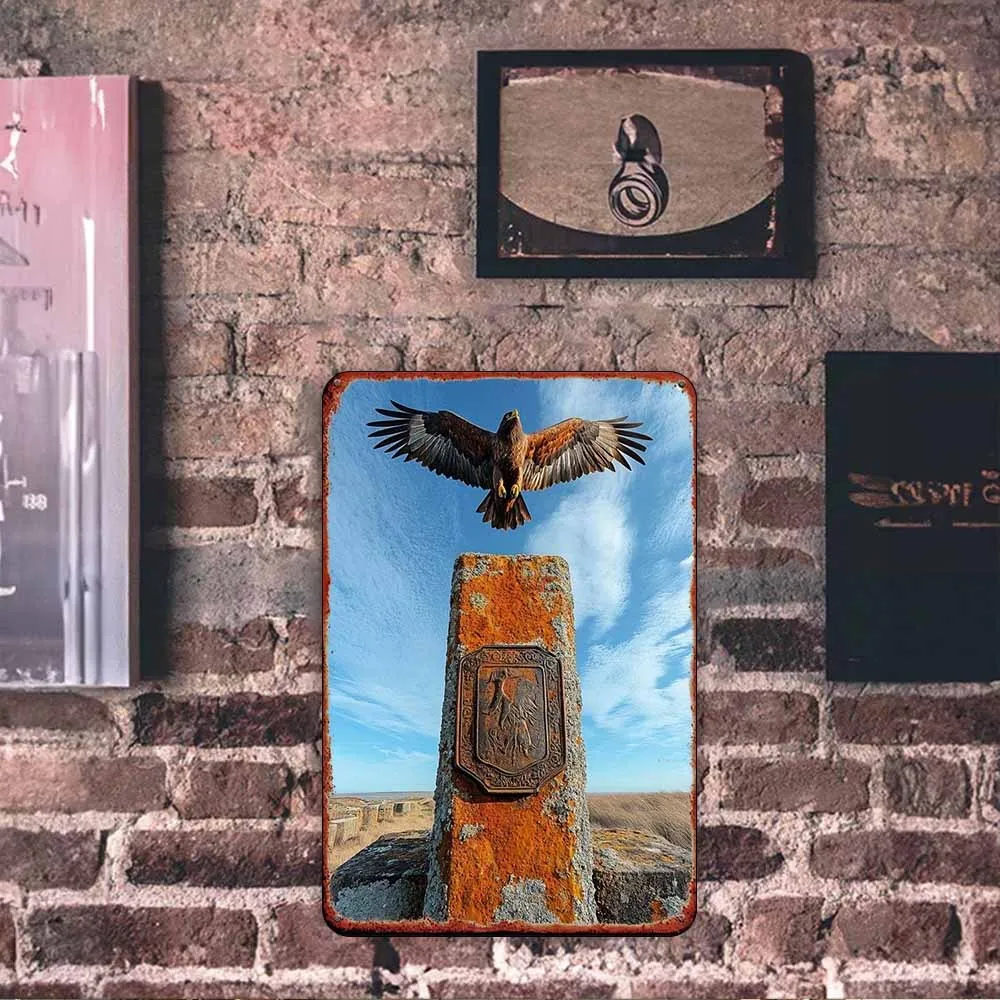 Flying Over Stone Monument Metal Wall Decor, Rustic Iron Art for Bedroom Bar Garden, Durable Metal Art Gift for History Lovers,