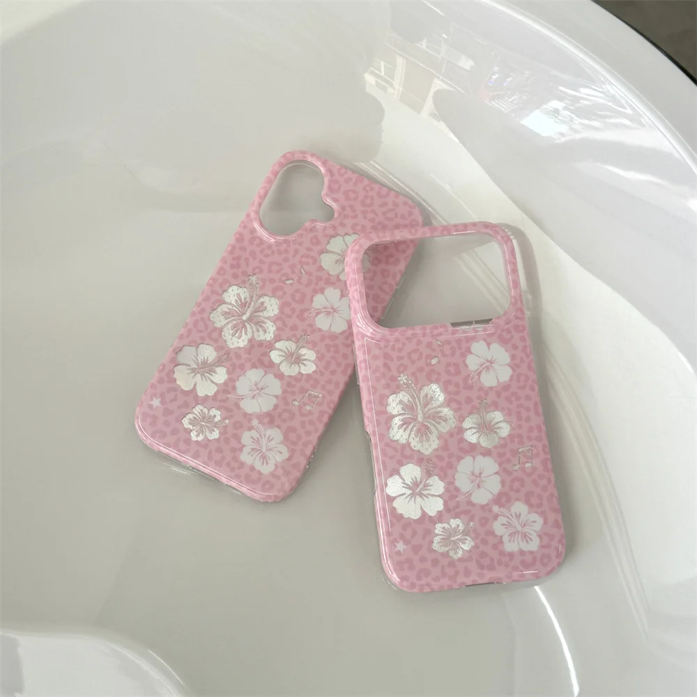 Pink Leopard Print Hibiscus Flower Phone Case For iPhone 15 16 17 Pro Max Silver Foil Floral Glossy Shockproof Protective Cover