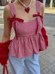 Women Plaid Tank Tops Spaghetti Strap Square Neck Peplum Cami Top Ruffle Smocked  Going Out Camisole