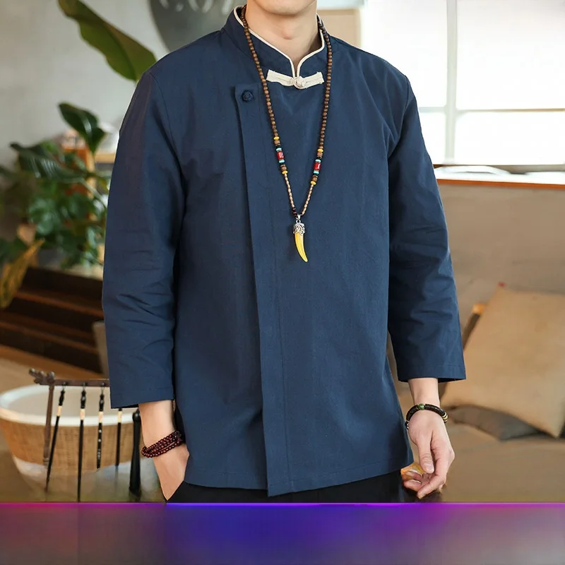 

Мужская рубашка в китайском стиле ретро из хлопка и льна, свободного кроя, с длинным рукавом, квадратным воротником, ультракороткая, для весны, лета и осени