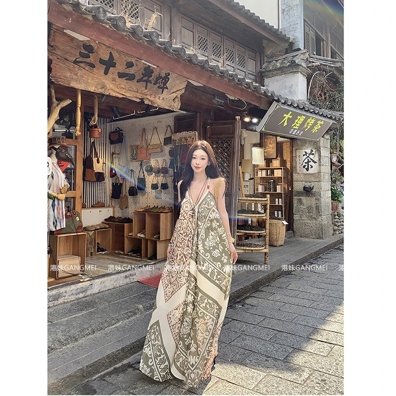 

Beach Style New Summer Women Loose Casual Print A-line Dress Sleeveless Spaghetti Strap Camisole Ankle-length Dresses T113