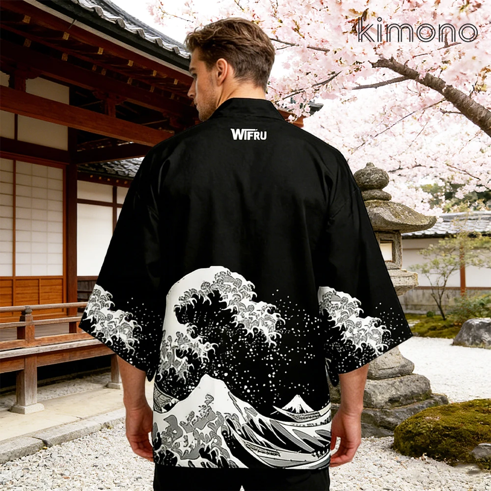 

Волна и кран Японская печать Кимоно унисекс Хараджуку WIFRU отпуск пляж кардиган улица Юката Японская традиционная одежда