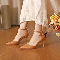 Size 31-44 High Heels Point Toe Shoes Women Summer Stiletto Heels Ankle Strap