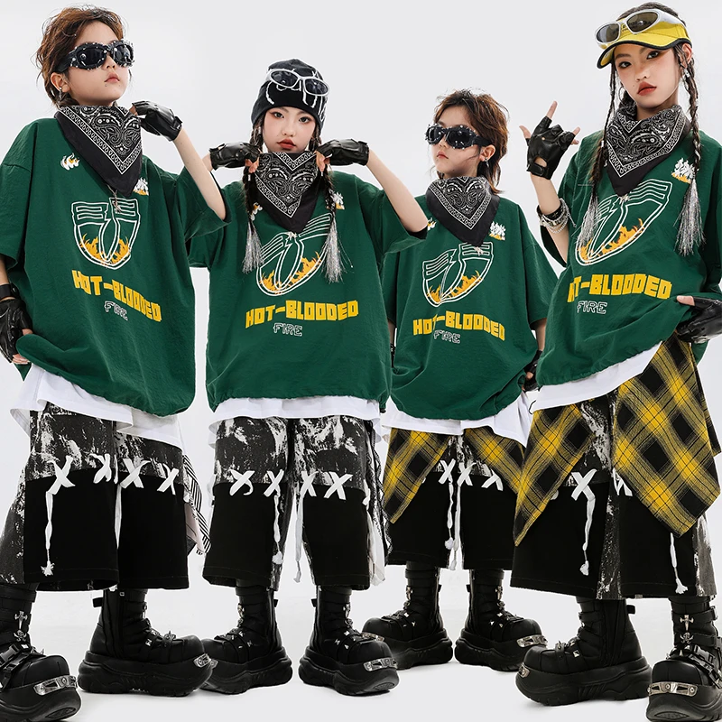 

Kids Hip Hop Clothing Sets Girls Jazz Dance Outfit Child Model Catwalk Stage Dance Show Costume Green Top Black Trousers Bottom