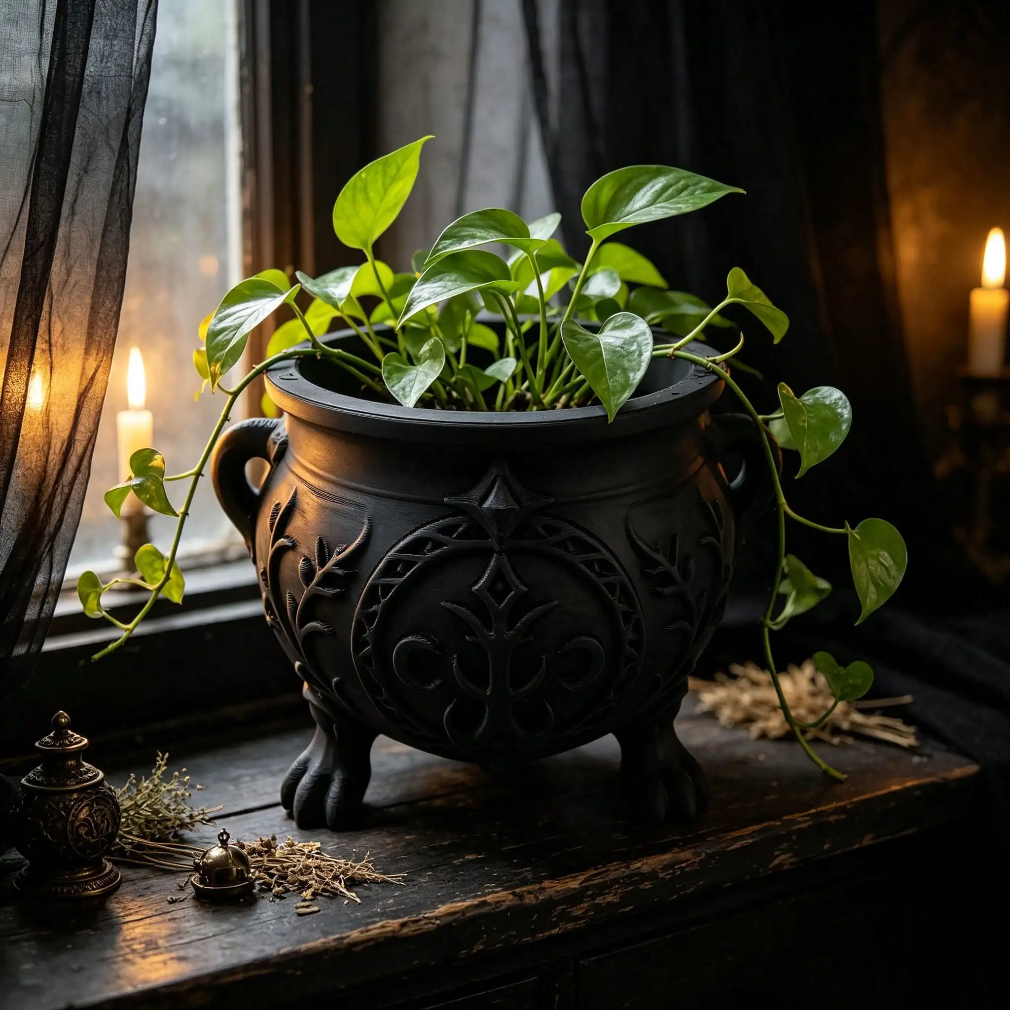 Gothic Witch Cauldron Planter Pot With Claw Feet, Black Wiccan Decor Plant Container For Indoor Outdoor Succulent Pothos Herbs, Halloween Container, Witch Themed Storage Vase For Holiday Decoration