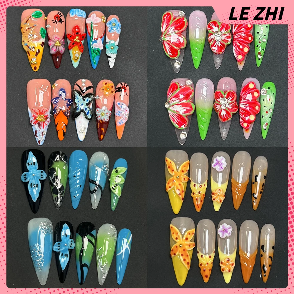 

Spicy Girl 3D Flower Colorful Long Almond Coffin Full Cover Nails Pearl Bow Diamond French Gradients Designs Press On Nails