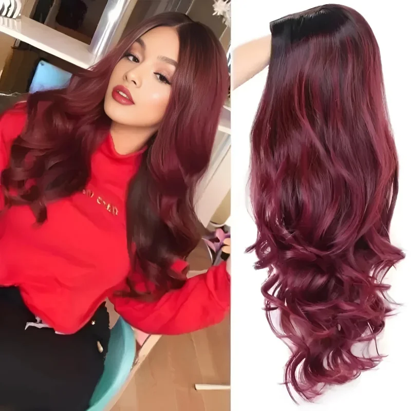 New European and American style wig for women, burgundy long curly hair, big waves, high-temperature synthetic fiber cap