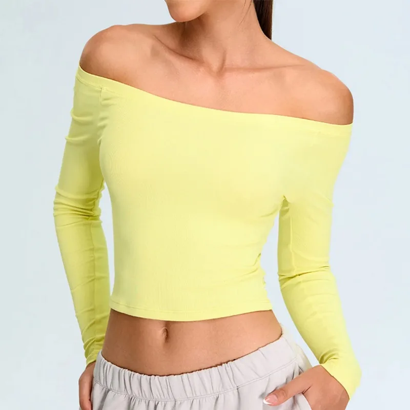 Yoga T-shirts Women Solid Sports Top Off Shoulder Long Sleeve Gym Workout Running Shirts Sexy Quick Dry Fitness Gym Sport Wear