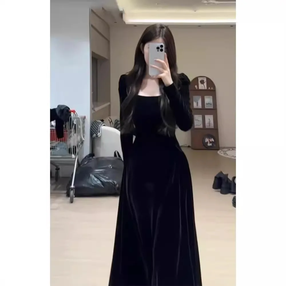 French Style Temperament Socialite High-Grade Black Velvet Dress Women's Early Spring Inner Wear Birthday Annual Party Evening