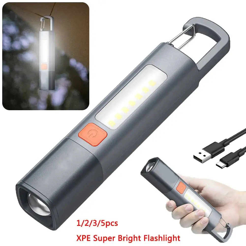 Powerful LED Flashlight With Hook Zoom Torch Built-in Battery USB Rechargeable COB Side Lamp Outdoor Camping Emergency Lantern