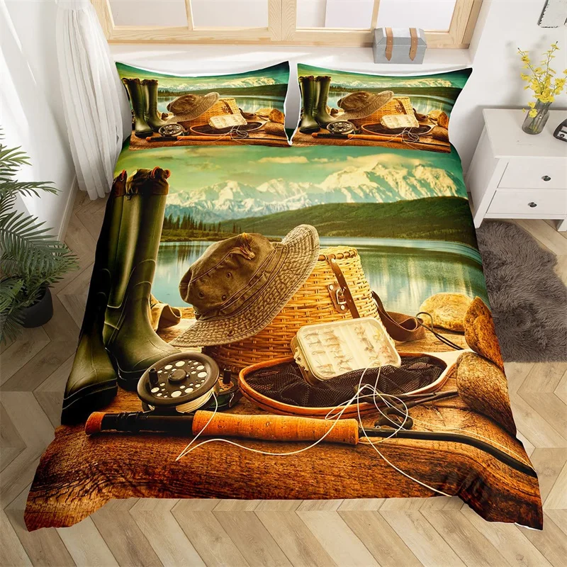 Fishing King Duvet Cover Set For Kids Boys Men Rustic Fisherman Comforter Cover Microfiber Wild Cabin Fishing Theme Bedding Set