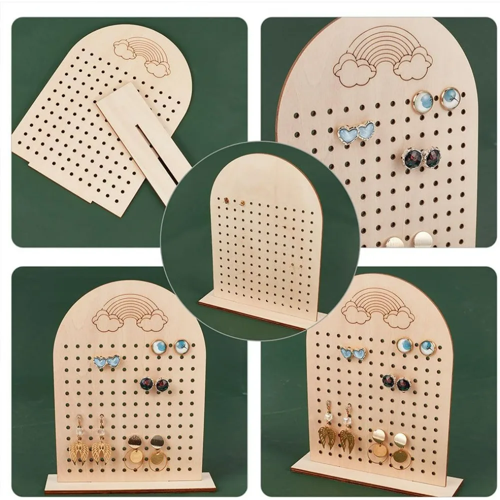 Wood Earring Display Stand 144 Holes Wooden Pegboard Display Stand Earring Holder Jewelry Organizer Rack with Rainbow