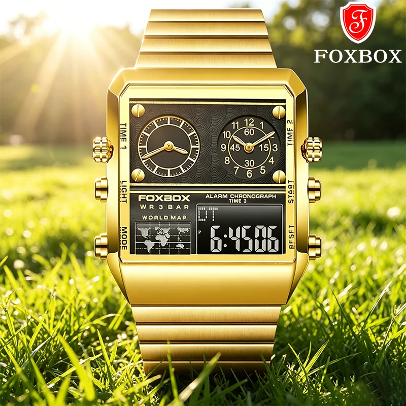 

FOXBOX Luxury Watch for Men Gold Sports Quartz Digit Dual Display Wristwatch Stainless Steel Waterproof Date Clock Male Gifts