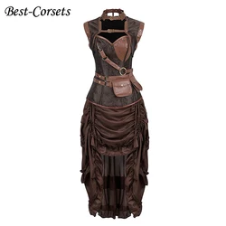 Steampunk Corset Dresses for Women Burlesque Viking Pirate Costume Halloween Cosplay Plus Size Faux Leather Corset Dress Brown