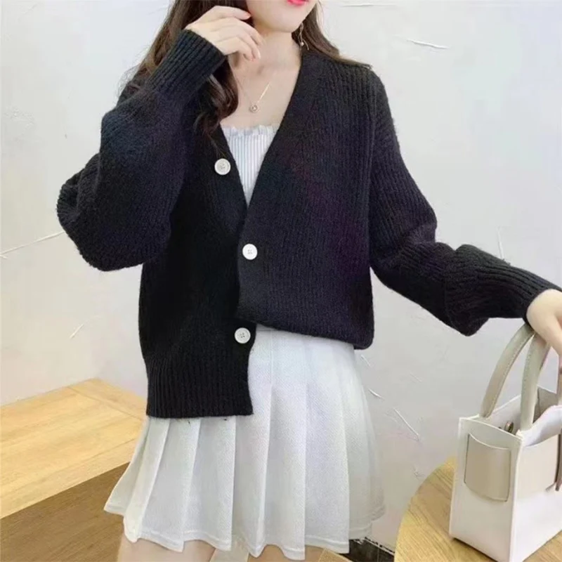 

Temperament Solid Color V-Neck Sweater Cardigan Women Autumn Vintage Single Breasted Cardigans Elegant Office Lady Knitted Coat