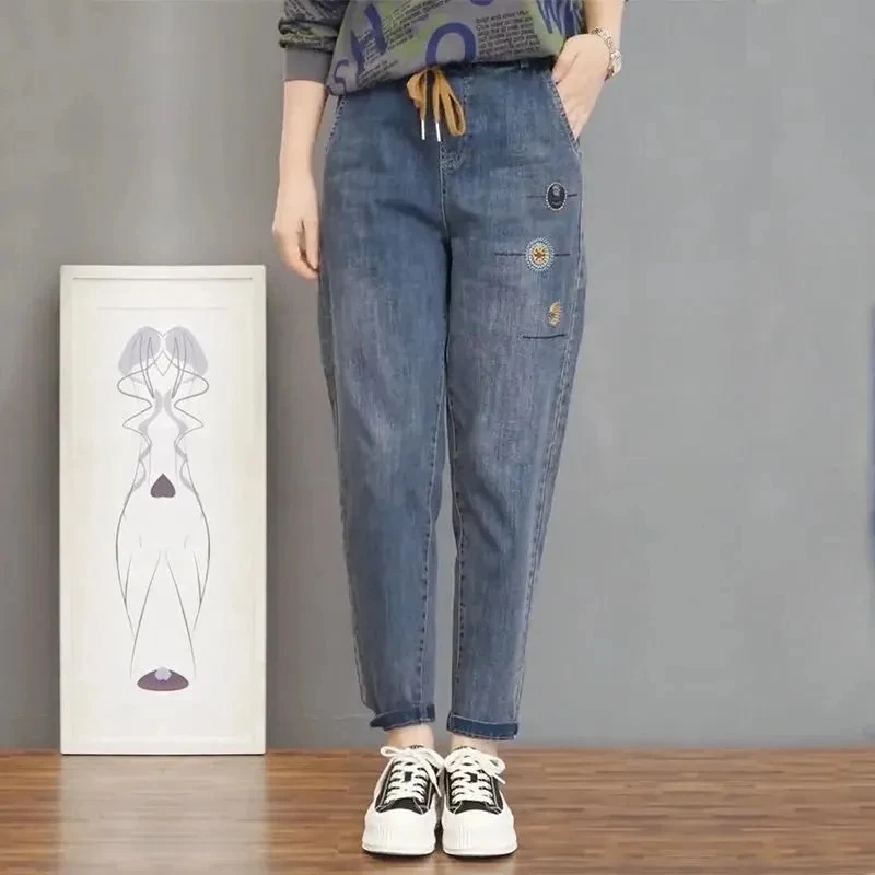 Casual Jeans 2026 Spring Autumn New Fashion Elastic Versatile Loose Pocket Denim Haren Pants Women's high waisted pants