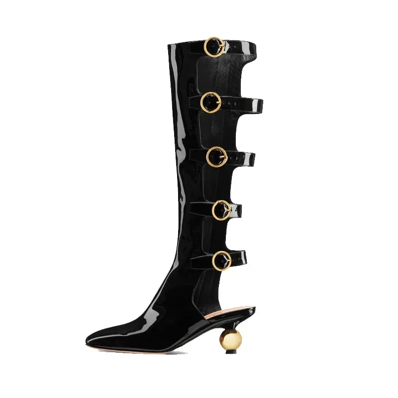 Knight Style Square Toe Patent Leather Boots with Empty Low Heels, Round Heels, High Boots, Belt Buckle Shoes for Women