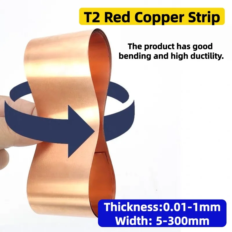 1M T2 Red Copper Strip Coil Plate Sheet Pure Copper Foil Thickness 0.01‑1mm Width 10‑300mm for Welding Electrical DIY