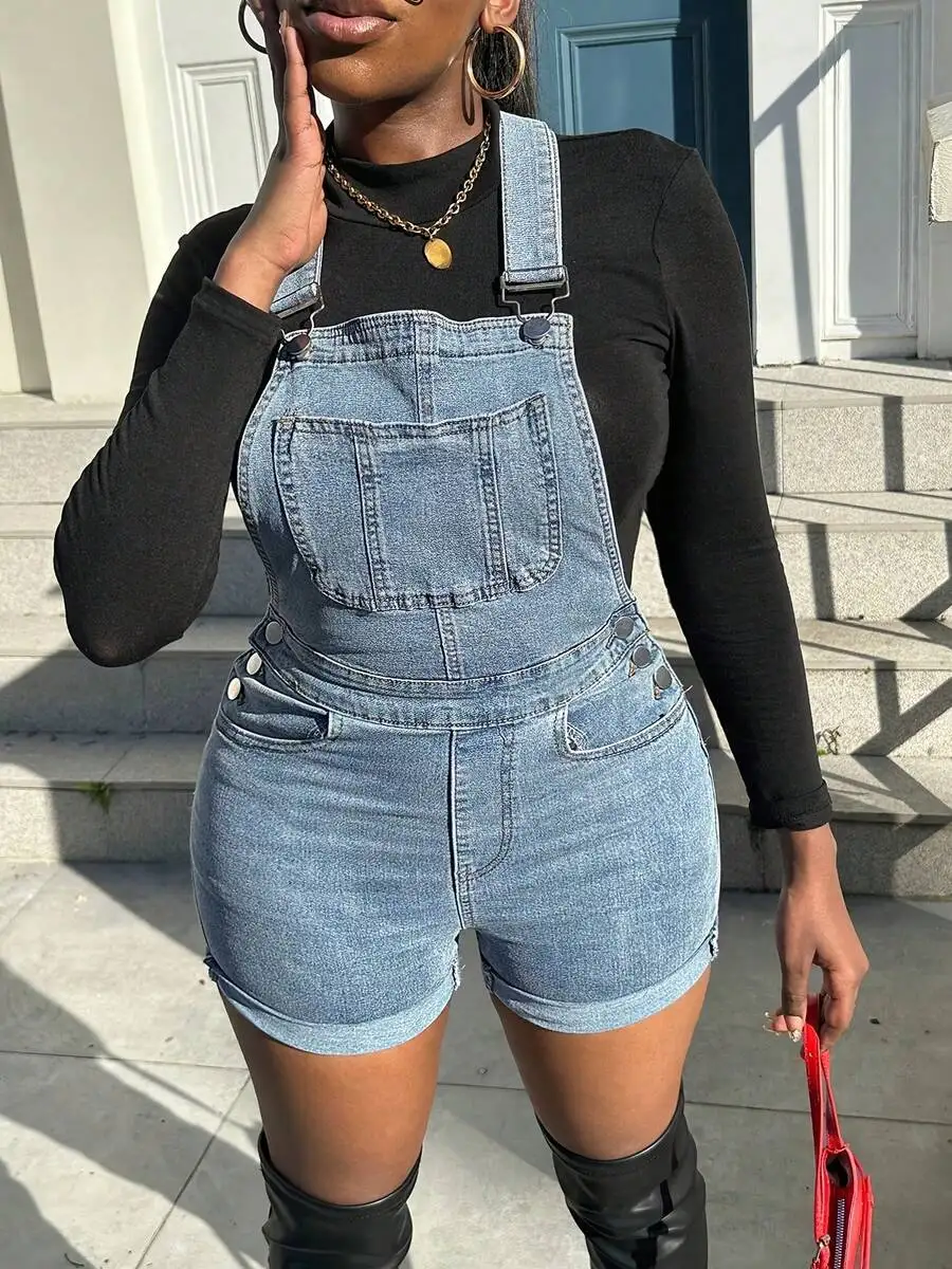 

Women Light Wash Denim Short Overalls With Adjustable Straps And Button Details