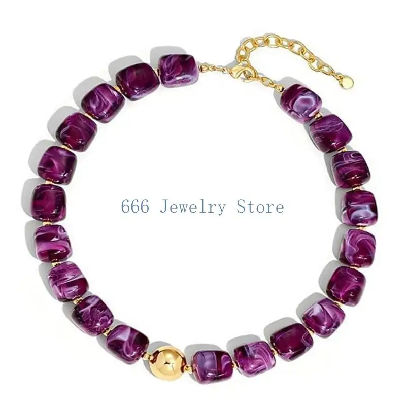 F2TD Women Bohemian Acrylic Beaded Necklace, Irregular Marble Swirl Square Bead Collarbone Jewellery with Adjustable Chain