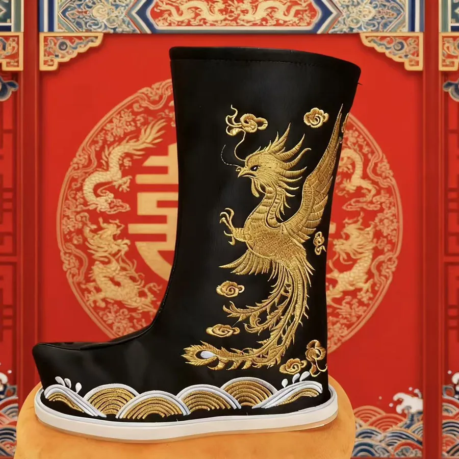 أحمر أسود خمر التنين الصيني فينيكس الأحذية للجنسين الرجعية Hanfu تأثيري اكسسوارات المحارب المبارز الإمبراطور الأحذية
