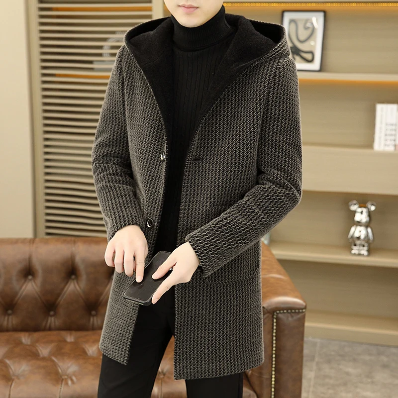 เสื้อโค้ทผู้ชายปี 2026: เสื้อโค้ทขนสัตว์มิงค์สีทองพร้อมหมวก รุ่นความยาวปานกลางแบบเกาหลี ผ้าหนาและบุขนแกะ