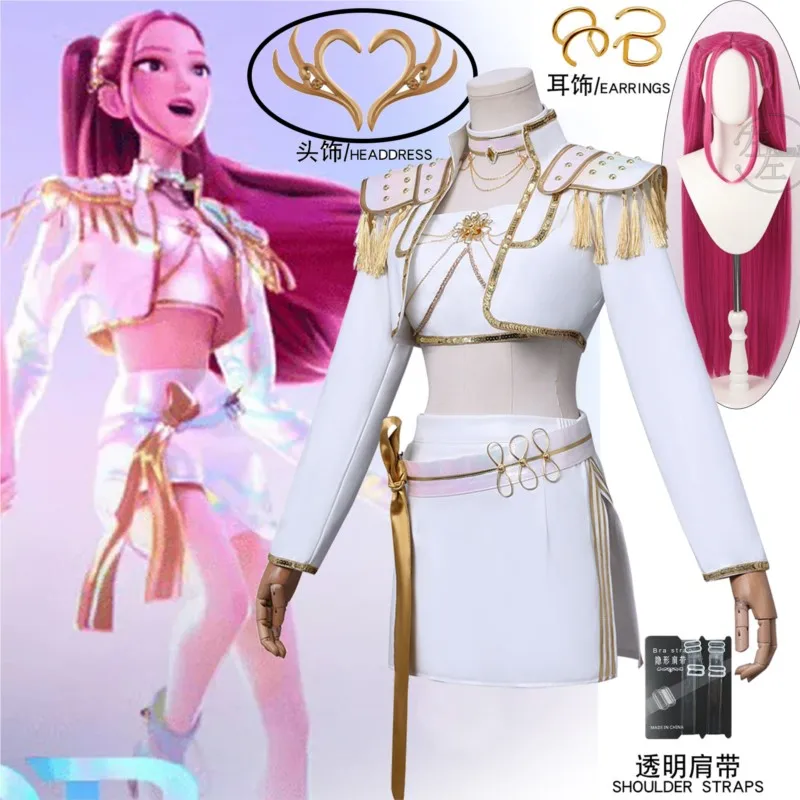 

Mira Huntrix WHAT IT SOUNDS LIKE Kpop Demon Cosplay Hunters Sexy Korea Idol White Uniform Sexy Dress Wig Halloween Carnival Cos